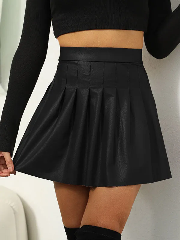 Pleated Solid Color Split-Joint A-line High Waisted Skirts