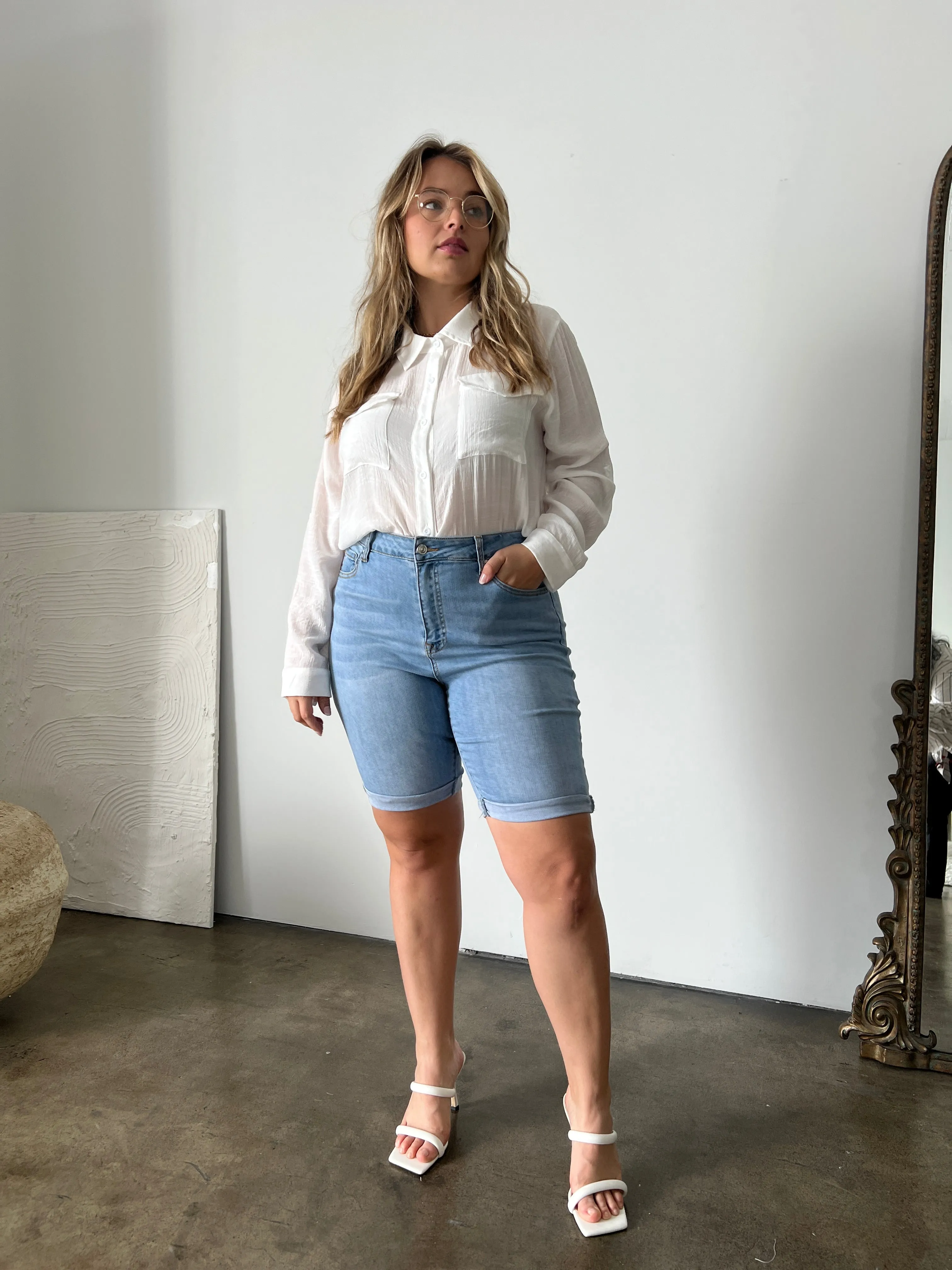 Plus Size Cuffed Bermuda Denim Shorts