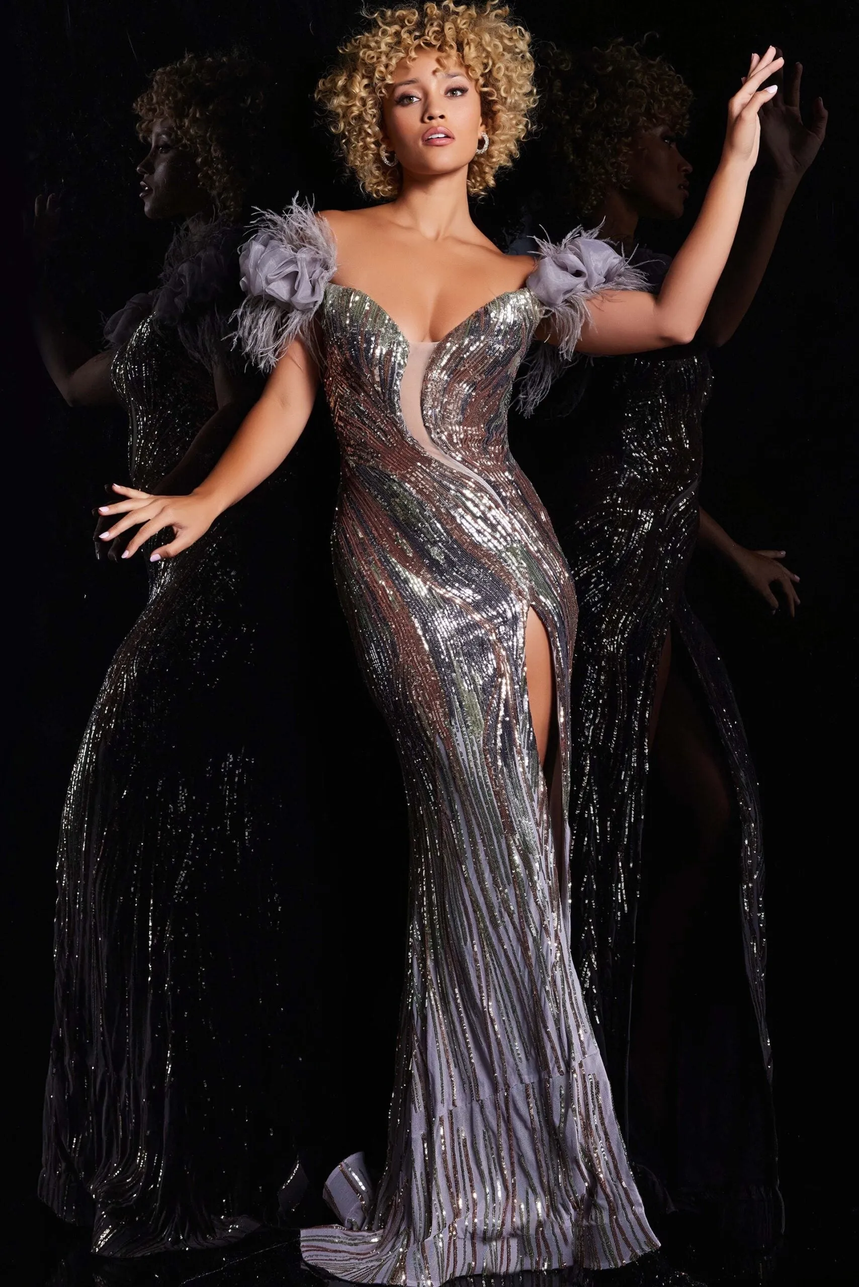 Sequin Feather Off Shoulder Slit Gown by Jovani 38679