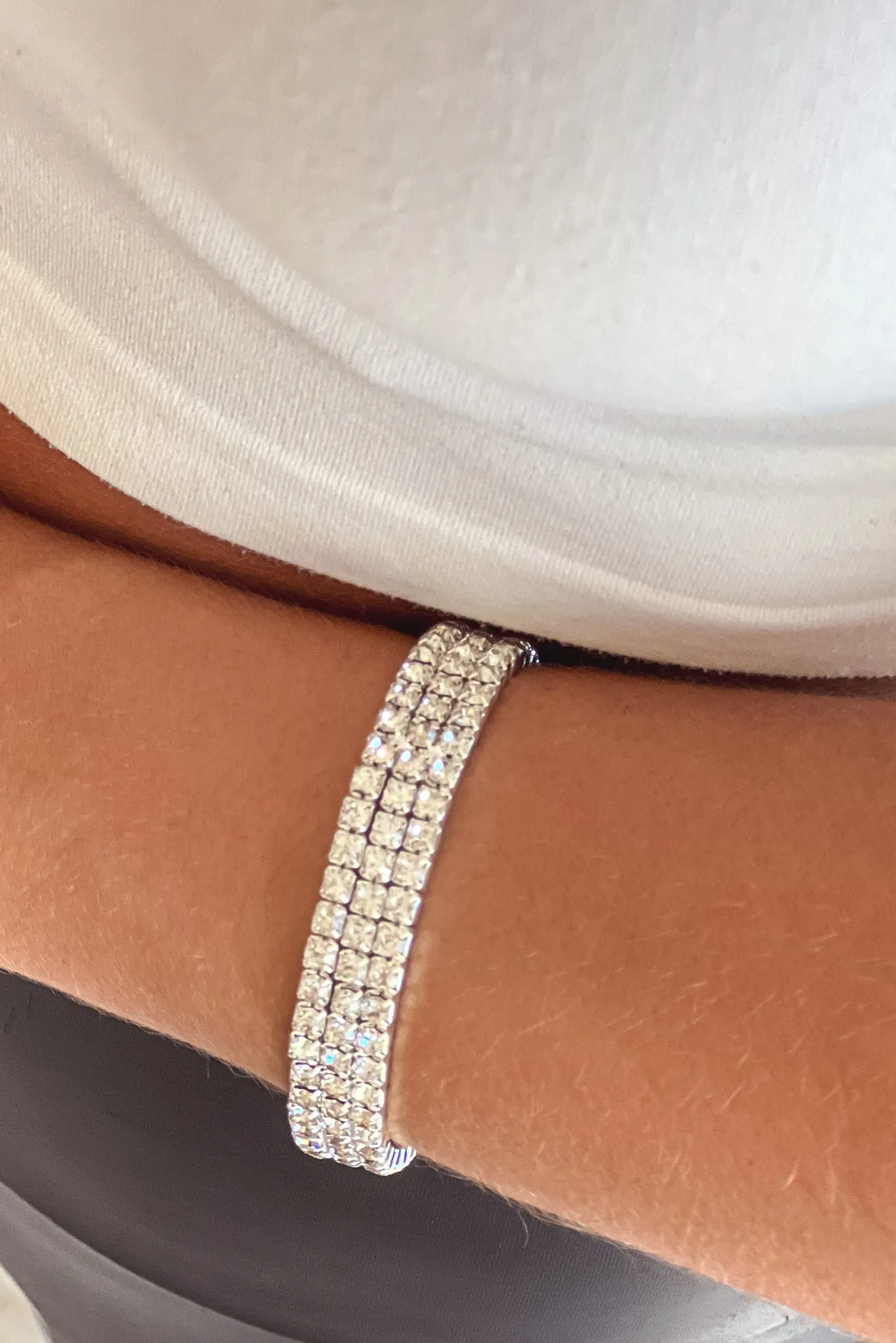 Silver Three Row Flexible Rhinestone Bracelet