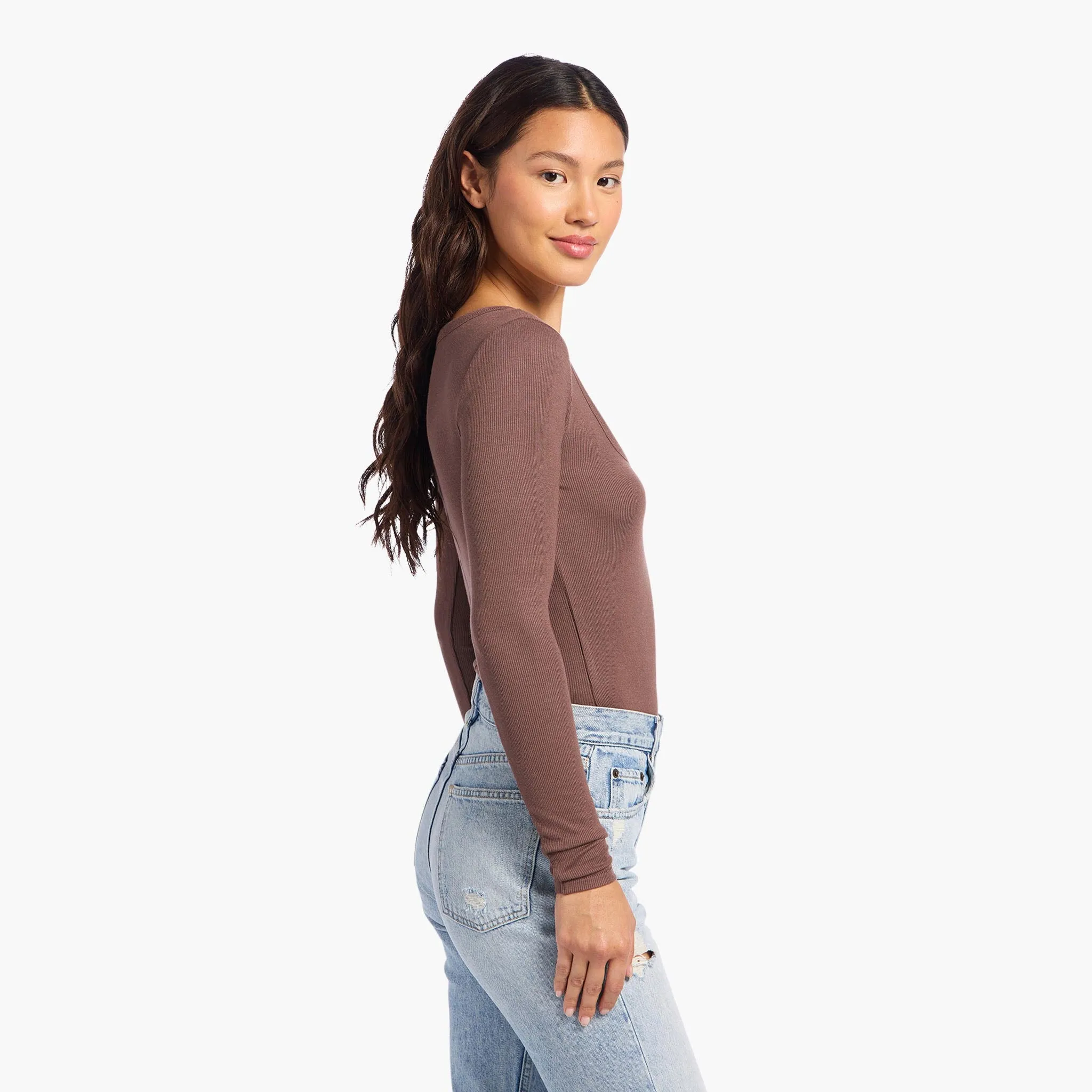 Slinky Rib Long Sleeve Bodysuit | Coffee