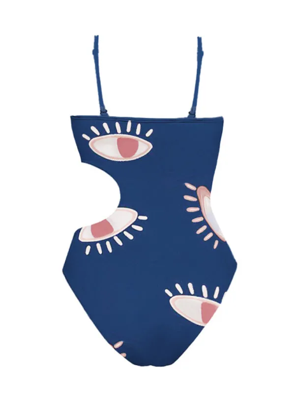 Tummy Control Ruffle Blue One-Piece Swimsuit in Eye Print