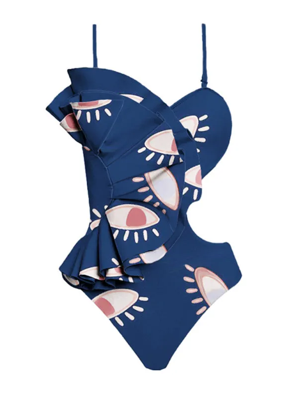 Tummy Control Ruffle Blue One-Piece Swimsuit in Eye Print