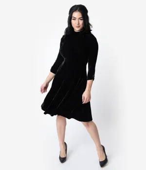 Unique Vintage Black Velvet Three-Quarter Sleeved Parker Flare Dress