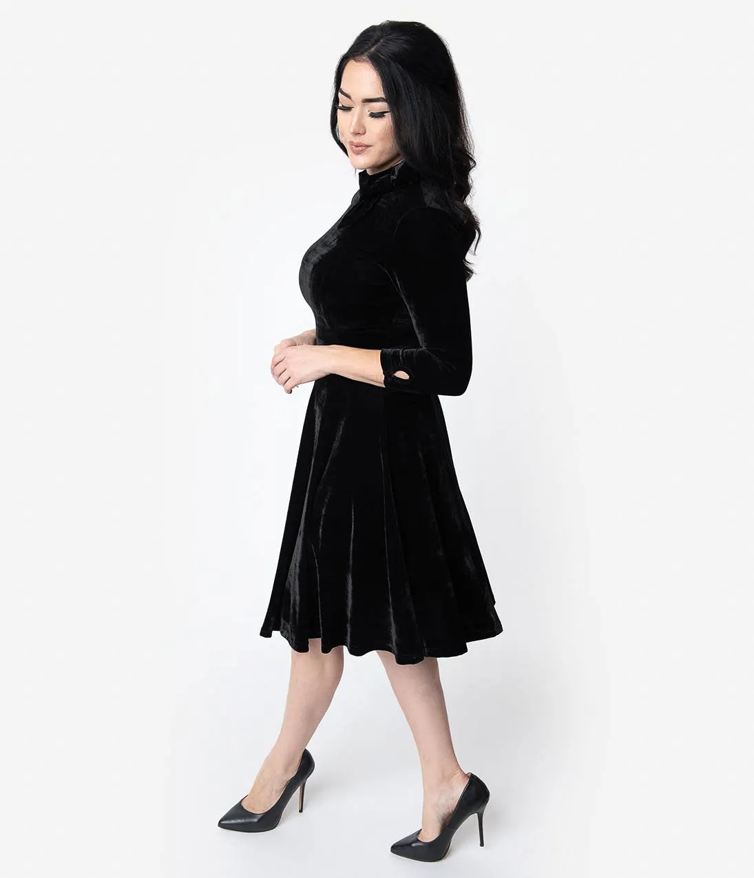 Unique Vintage Black Velvet Three-Quarter Sleeved Parker Flare Dress