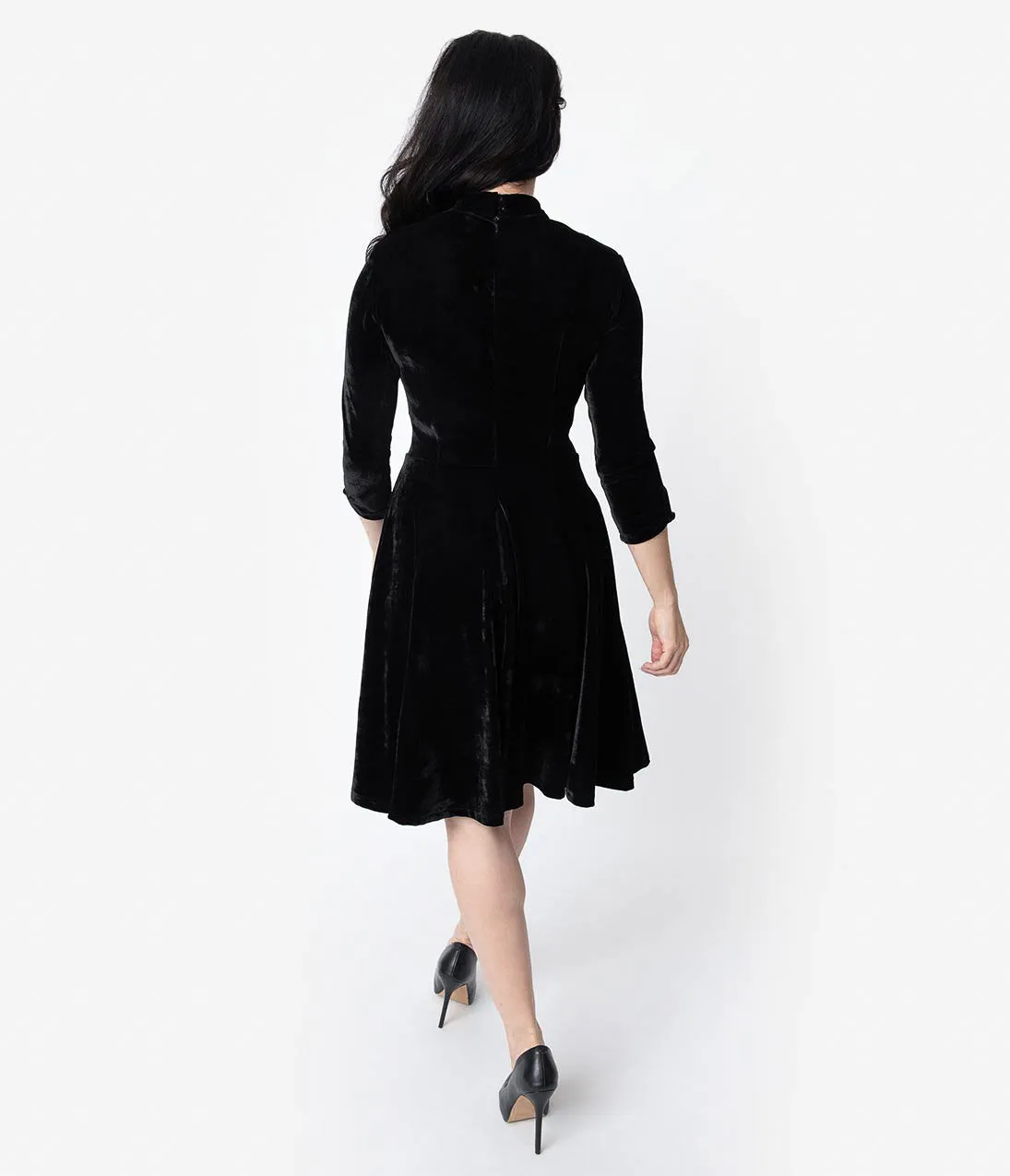 Unique Vintage Black Velvet Three-Quarter Sleeved Parker Flare Dress