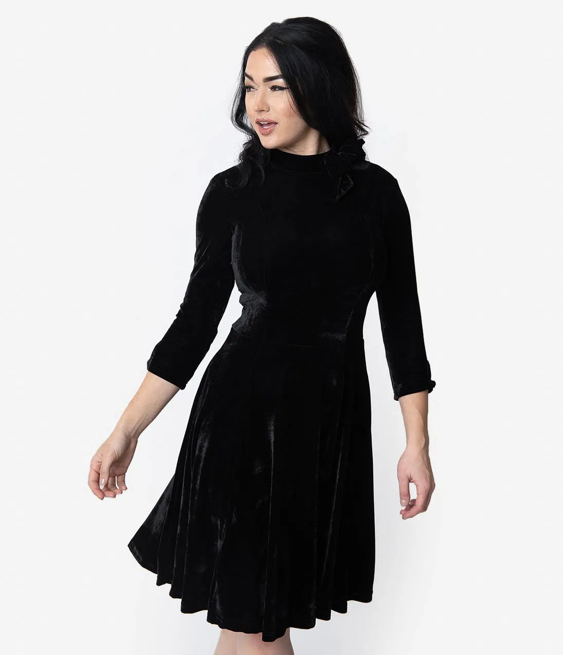 Unique Vintage Black Velvet Three-Quarter Sleeved Parker Flare Dress