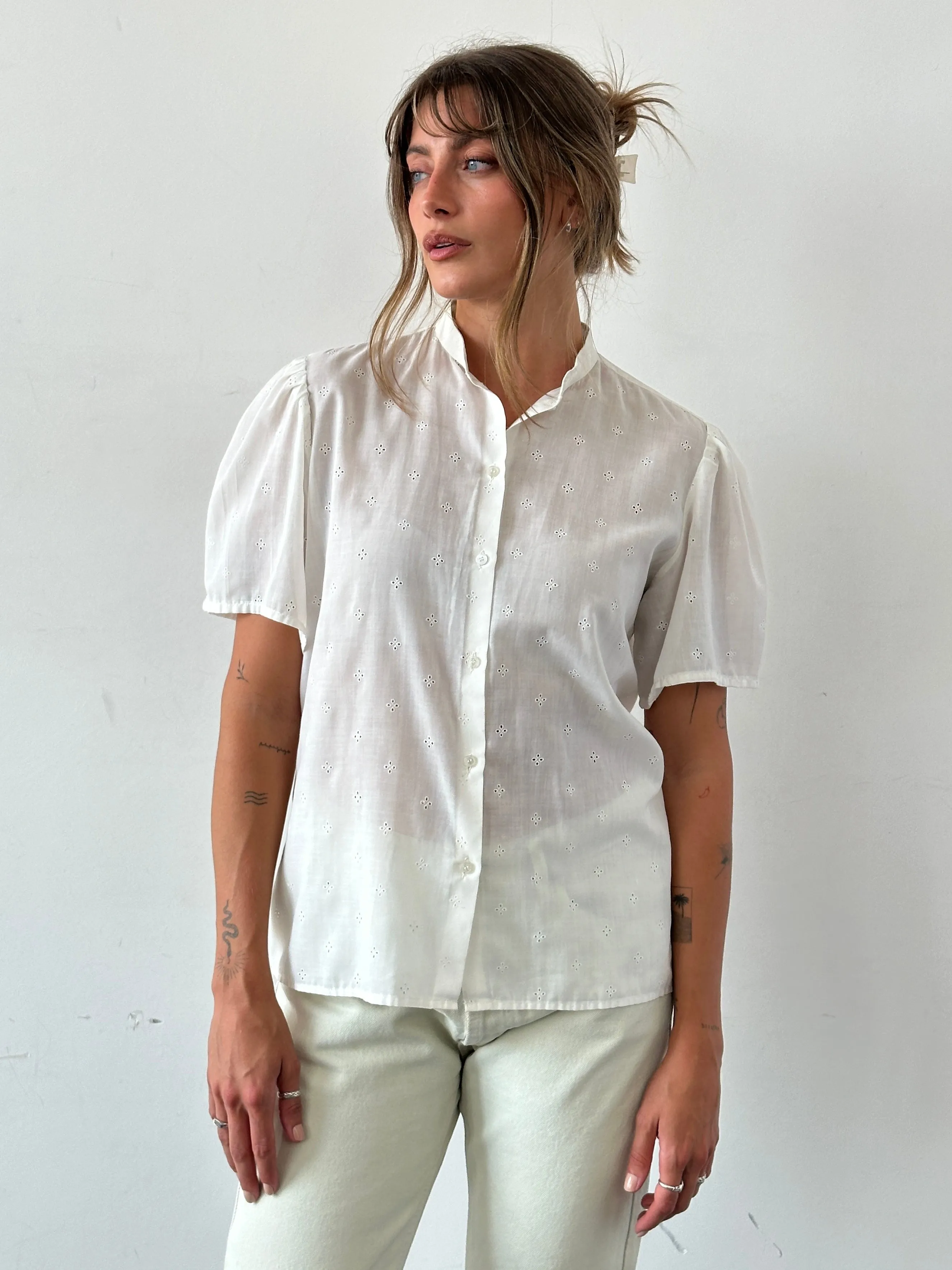 Vintage Pointelle Sheer Short Sleeve Shirt - M/L