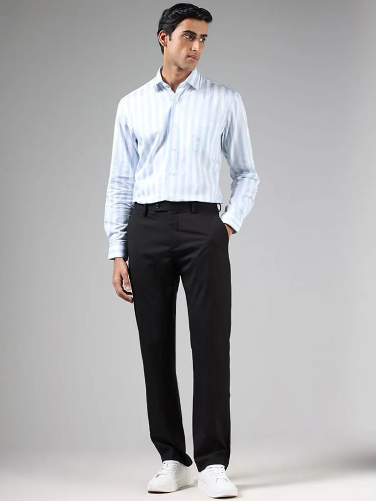 WES Formals Powder Blue & White Striped Cotton Relaxed-Fit Shirt