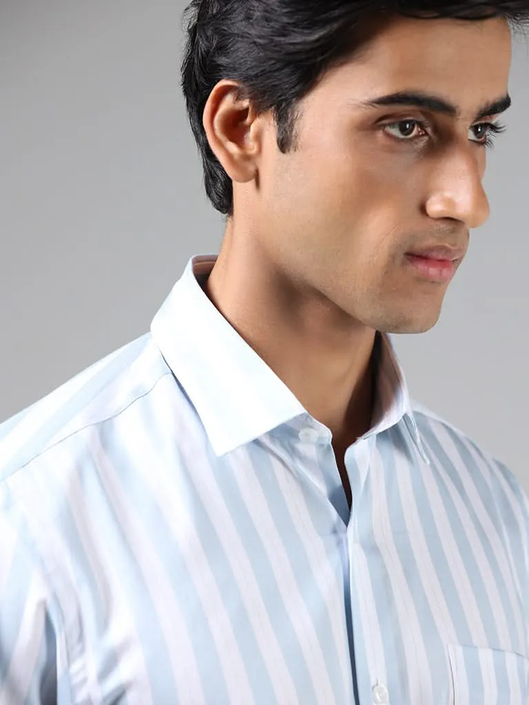 WES Formals Powder Blue & White Striped Cotton Relaxed-Fit Shirt