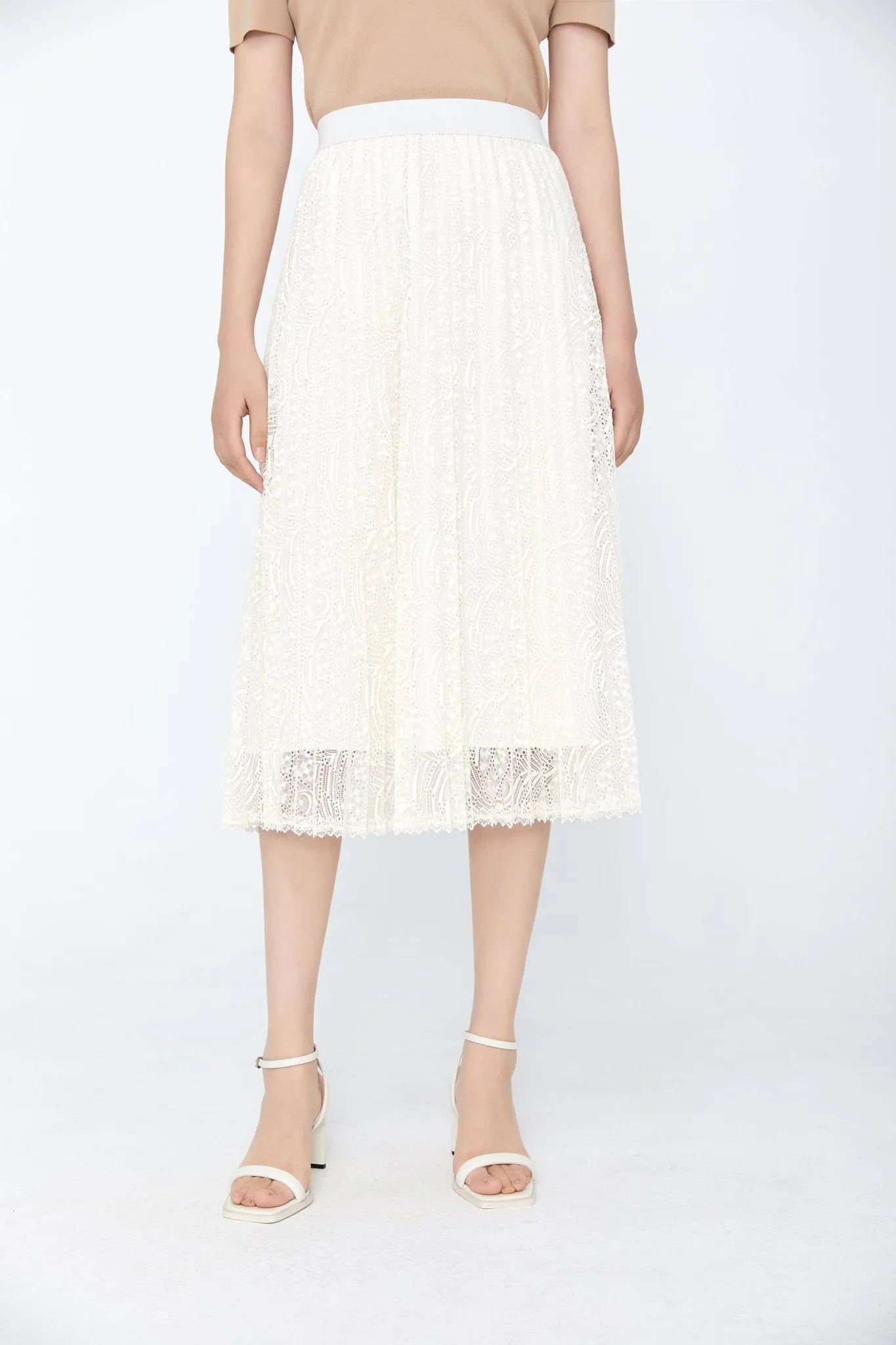 White Pleated Lace Midi Skirt