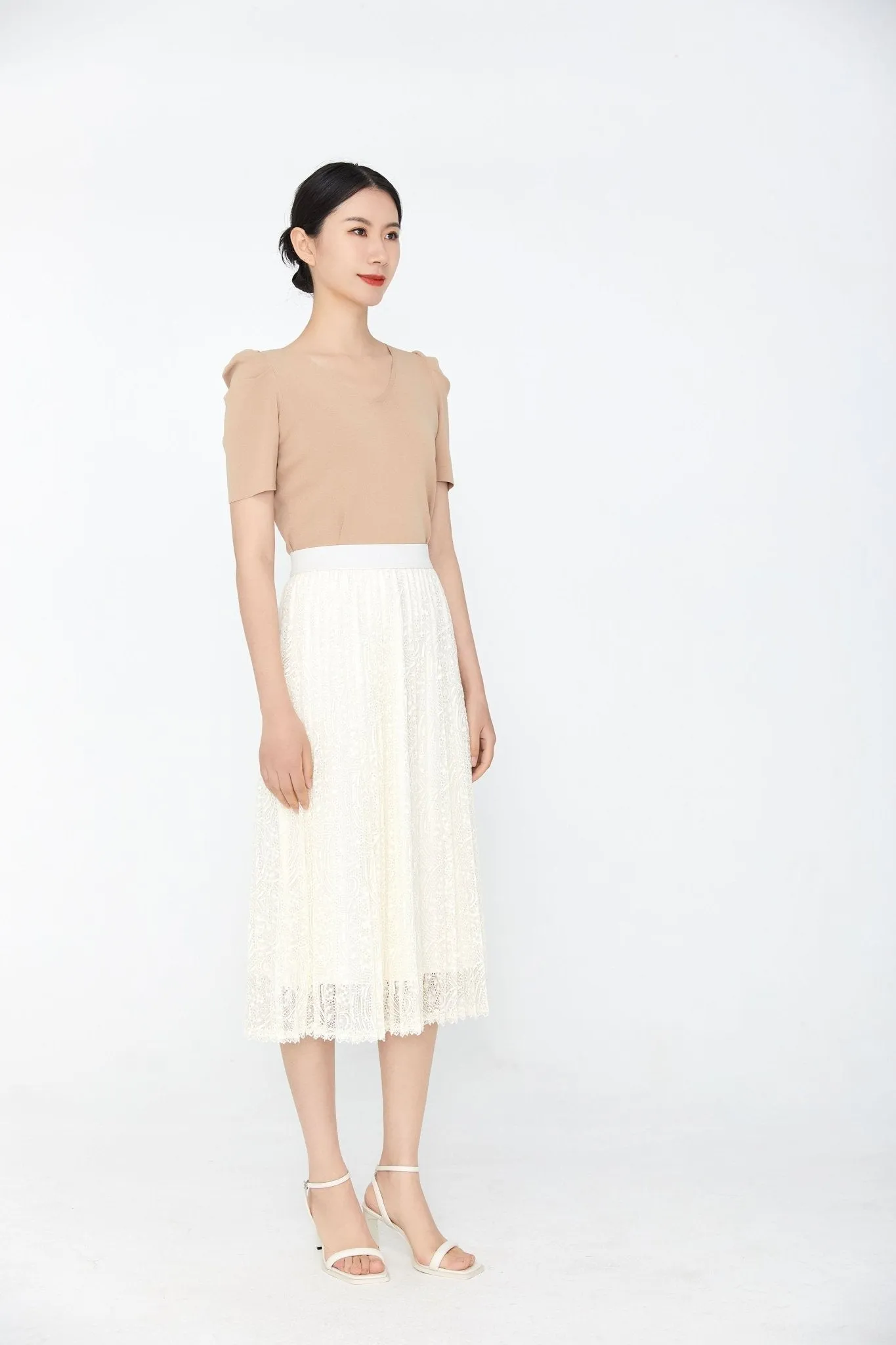 White Pleated Lace Midi Skirt