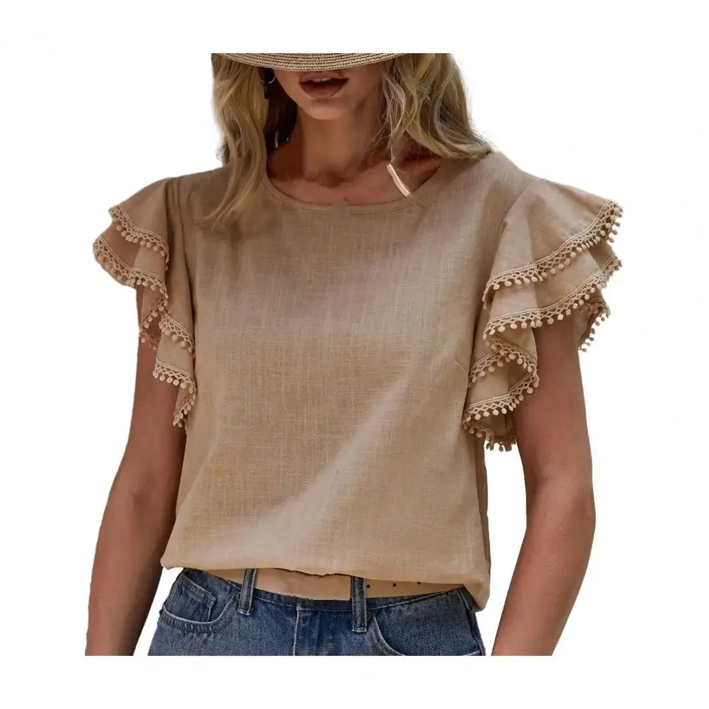 Women Shirt O-neck Ruffle Short Sleeve Pullover Solid Color Blouse