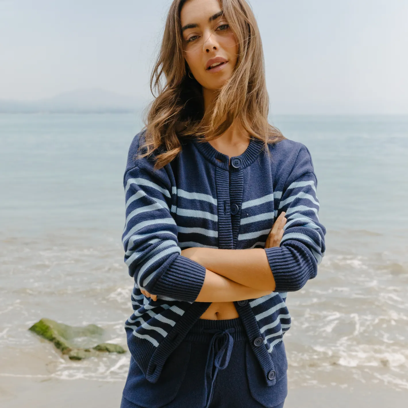 women's navy and peri blue stripe cardigan